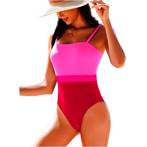 AI'MAGE Women's One Piece Swimsuit Color Block Bathing Suit Square Neck Swim Suits Vintage Retro Swimwear S-2XL