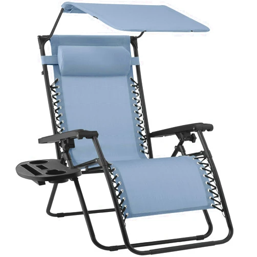 Best Choice Products Folding Zero Gravity Outdoor Recliner Patio Lounge Chair w/Adjustable Canopy Shade, Headrest, Side Accessory Tray, Textilene Mesh - Dusty Blue