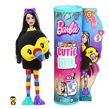 Barbie Cutie Reveal Fashion Doll, Jungle Series Toucan Plush Costume, 10 Surprises Including Mini Pet & Color Change