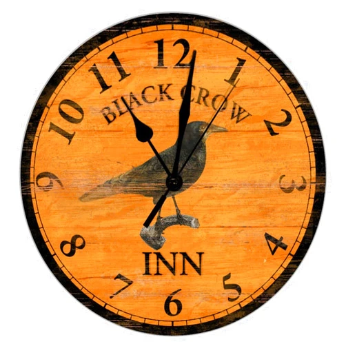 UanMere Crow Inn Orange Clocks Black Crow Inn Round Clock for Kitchen Decor Clocks Battery Operated 15 inch Silent Wall Clock Non Ticking Shabby Chic Wood Clock for Outdoor Wall Hanging