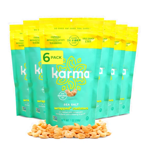 KARMA Sea Salt Wrapped Whole Cashews by Karma Nuts, Air Roasted with Natural Skins, 2X more Fiber, Whole 30, Peanut-Free Facility, Kosher, Everyday Nut Snack, 7oz Resealable Bag - 6 pack