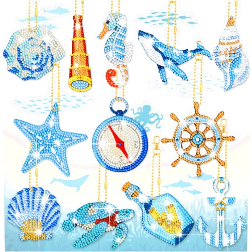 BBTO 15 Pcs Summer Ocean Diamond Painting Keychains Kits 5D DIY Summer Diamond Art Painting Keyrings Sea Animals Theme Key Chains for Beach Party Crafts Ornaments