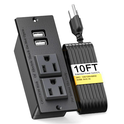 Kungfuking Recessed Power Strip Conference Recessed Outlet Desktop Power Grommet Furniture Flush Mount Desk Outlet Power Socket 2-Socket & 2-USB Ports 10 FT Extension Power Cord, ETL Listed