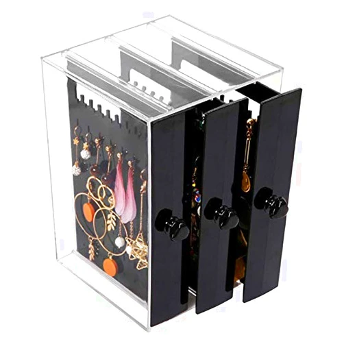 KENGEL 5.1X5.1X7.1 Inch Dustproof Jewelry Screen Hanger Organizer 222 Holes Earrings Holder 3 Drawers Necklace Chains Acrylic Display Stands Decor Gifts Girls (Black)