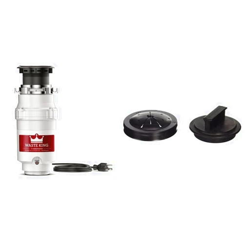 Waste King 1/3 HP Garbage Disposal with Power Cord, Compact Food Waste Disposer for Under Kitchen Sink, L-111 & 1025 Disposer EZ Mount Garbage Disposal Stopper and Splash Guard, Black