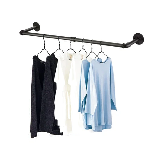 Fobule 48” Wall Mounted Clothes Rack, Industrial Pipe Black Iron Garment Bar, Heavy-Duty Detachable Clothing Rod, Multi-Purpose Metal Wall display Hanging Pole for Closet Storage, Laundry Room 2 Base