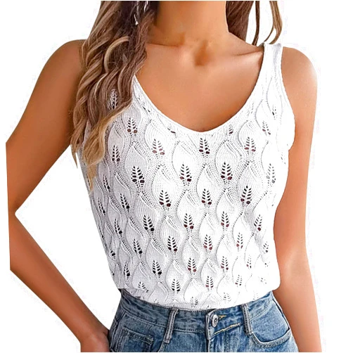 Bawilom Summer Knit Tank Tops Sexy V-Neck Sleeveless Shirts Hollow Out Crochet Tops Slim Fit Pullover Sweater Y2K Streetwear