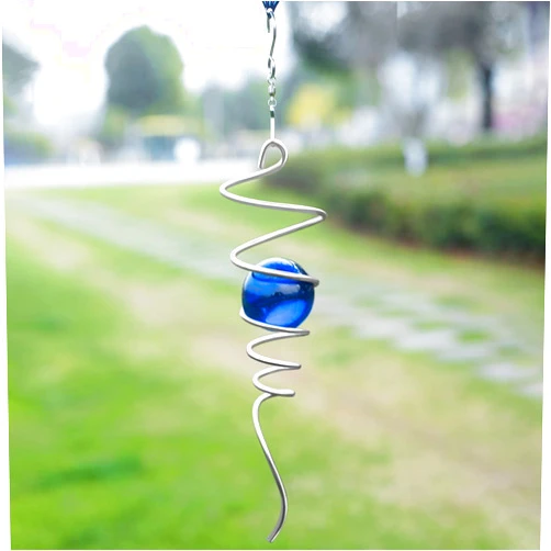 FENELY Gazing Ball Spiral Tail Wind Spinner Stabilizer, Garden Decorations Stainless Steel Metal with Hook & Blue Crystal Glass Orb Outdoor Hanging Decor Kinetic Yard 3D Swivel Art Sun Catchers