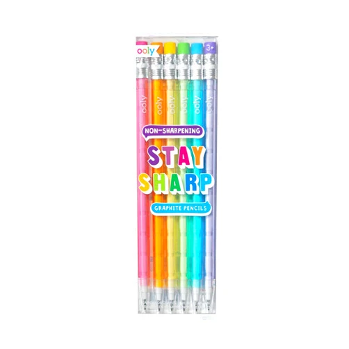 Ooly Stay Sharp Non-Sharpening No. 2 Graphite Pencils - Refillable Pencil Lead with Eraser - Rainbow Colors - Set of 6