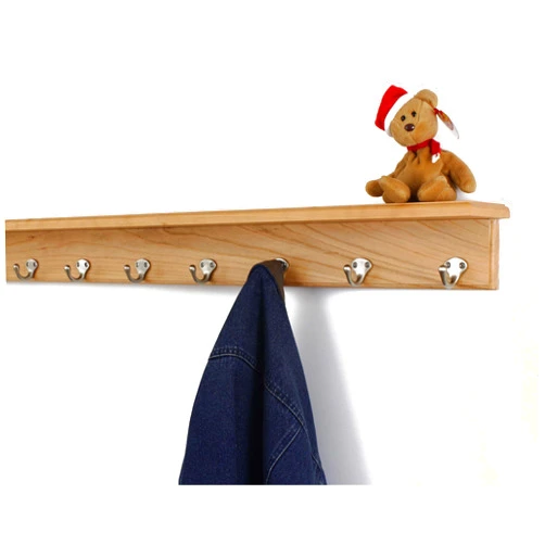 PegandRail Solid Cherry Shelf Coat Rack with Satin Nickel Single Style Hooks (Natural, 37