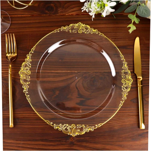 Tableclothsfactory 10 Pack | Clear/Gold Baroque 10