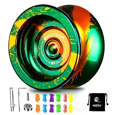 MAGICYOYO N11 Professional Responsive Yoyo, Dual Function Yo Yo Metal Alloy Unresponsive Yoyo, Pro Trick Yoyo with KK Bearing + Axle + Bearing Removal Tool + Bag + 12 Yoyo Strings (Green Golden) N11-green Golden