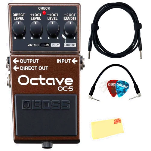 Boss OC-5 Octave Pedal Bundle with Gearlux Instrument Cable, Patch Cable, Picks, and Austin Bazaar Polishing Cloth