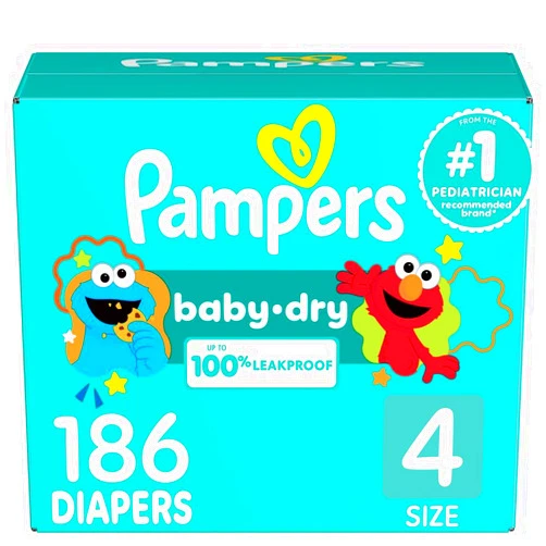 Pampers Diapers - Baby Dry - Size 4, 186 Count, Absorbent Disposable Infant Diaper (Packaging May Vary)