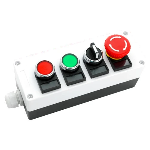SHOPCORP 22mm Control Station Box Set - Includes N/O Small Momentary Push Buttons (Red and Green), 2-Position Maintained Selector Rotary Switch and Stay-Put Mushroom Head Emergency Push Button