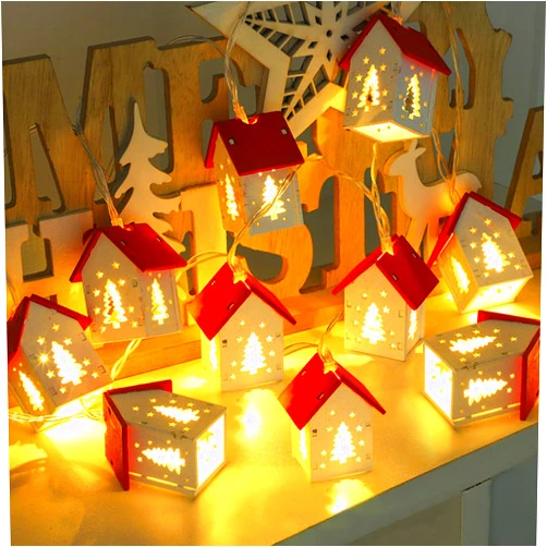 Qoyntuer Christmas String Lights Indoor, Wooden House Hanging String Lights, 10pcs Mini Houses LED Fairy Lights for Mantle Bedroom Window Weddings Christmas Tree Decoration (B)