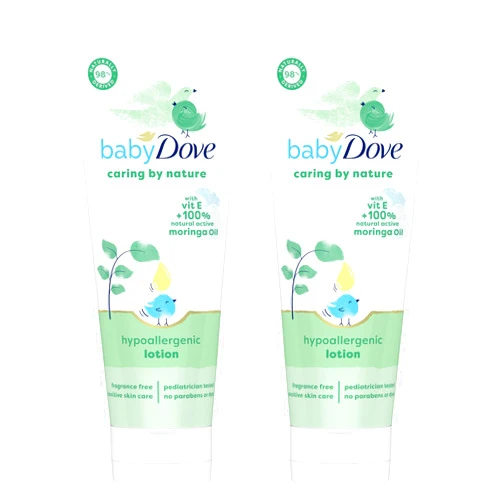 Baby Dove Hypoallergenic Lotion Caring By Nature 2 Count Build a Healthy Foundation for Your Baby's Skin Contains Vitamin E and 100% Natural Moringa Oil 13.5 fl oz (Pack of 2)