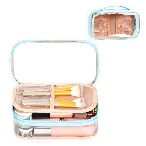 OCHEAL Clear Makeup Bag, Portable Makeup Storage Organizer Cosmetic Bag, Travel Makeup Bag Cute Pouch Women Girls Cosmetics Bags with Divider Makeup Brush Compartment-Lake Blue Clear