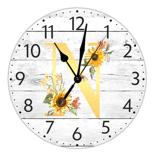 DONL9BAUER Monogram Letter N Clock Golden Letter Sunflower Flower Large Battery Operated Silent Quartz 12 Inch Inspired Monogram Classic Clock For Kitchen Living Room Bedroom Patio Home