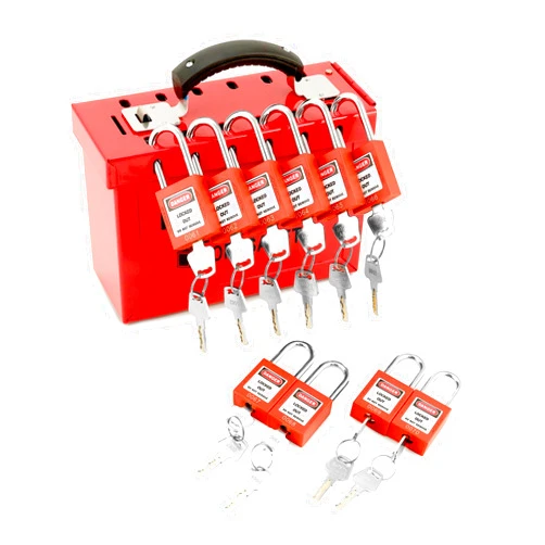 QWORK Lockout Tagout Lock Box Kit, with 10 Keyed Different Loto Locks, Portable Group Lock Box with 12 Slots, for Lock Out Tag Out Station, Red