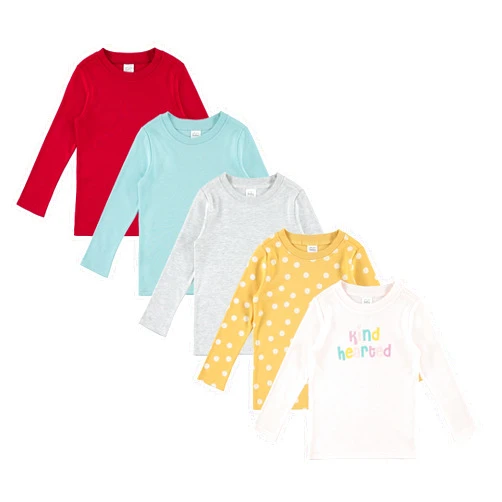 Cudlie 5-Pack Infant/Toddler Girl Long Sleeve Shirt - Basic Baby Tees, Blouses, Tops - Solid Print & Ruffled Tshirts