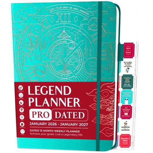 Legend Planner PRO Dated Jan 2026-Jan 2027 – Deluxe Weekly & Daily Organizer with Time Slots. Appointment Book Journal for Work & Time Management, A4 Hardcover (Viridian Green)