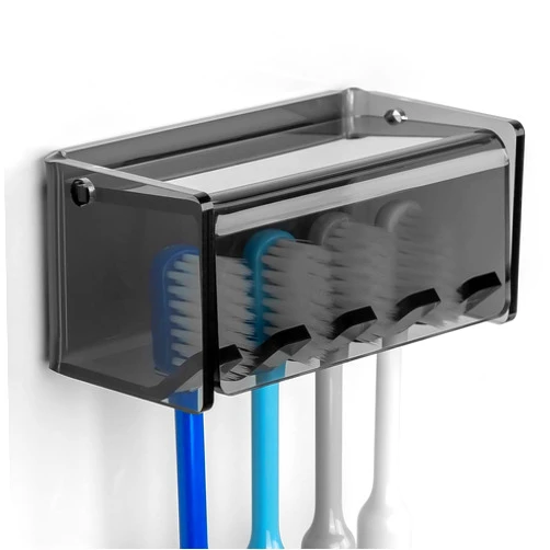 LUEXBOX Toothbrush Holder Wall Mounted with Cover for Bathroom, 4 Slots Toothbrush Storage Organizer for Shower, Self Adhesive Toothbrush Hanger Rack for Dorm, Cabinet (Gray Clear)