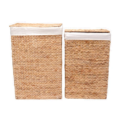 Villacera Handmade Wicker Laundry Hampers - Set of 2 Water Hyacinth Storage Baskets with Integrated Handles, Removable Liners, and Lids by Villacera (Natural)