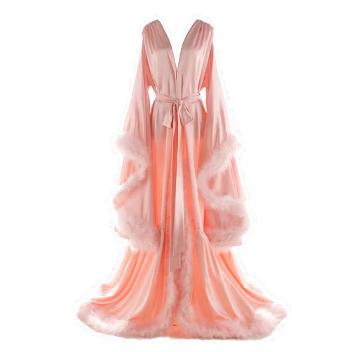 Daily Life Mall Women's Feather Bridal Robes Old Hollywood Maternity Photoshoot Nightgown Silk Bathrobe Long Lingerie