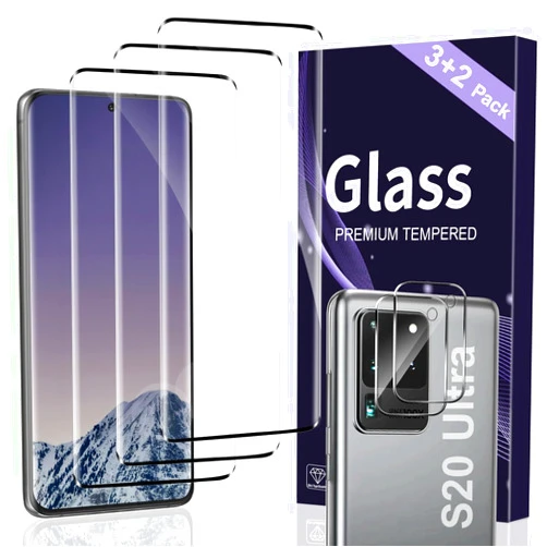Xenovont 3+2 Pack Galaxy S20 Ultra Glass Screen Protector Camera Lens Protector 3D Curved Tempered Glass Protective Film With Clear Image Quality Easy Installation No Bubbles For Galaxy S20 Ultra 6.9 Inch
