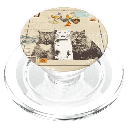 Cats by Fluffabulous Prints 3 Traveling Cats and Butterflies, Vintage Look, Beige Ecru PopSockets PopGrip for MagSafe