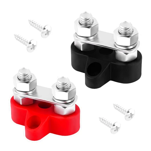 IHOTDER 2PCS Battery Terminal Distribution Block,M8 Dual Studs Bus Bar Terminal Block with Battery Terminals Top Post,Negative & Positive 12V Power Distribution Block for Car Truck Marine