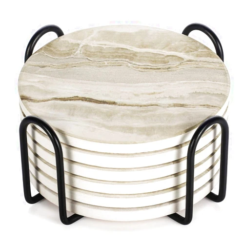 LIFVER Drink Coasters with Holder, Absorbent Coaster Sets of 6, Marble Style Ceramic Drink Coaster for Tabletop Protection,Suitable for Kinds of Cups, Wooden Table, Cool Home Decor, 4 Inches