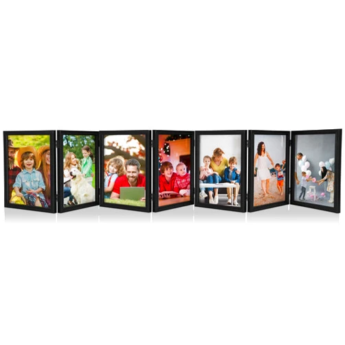 Sintuff 7 Folding 5 x 7 Hinged Picture Frames Foldable Collage Photo Frames High Definition Natural Wood Rustic Desktop Acrylic Frame for Family Birthday Gifts Wall Decor, Black