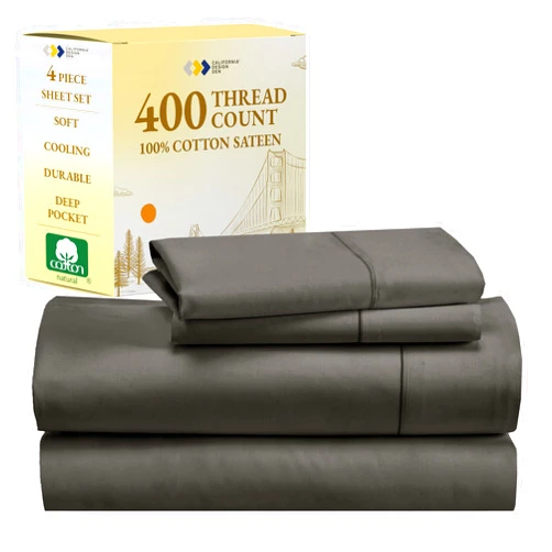 California Design Den Soft Queen Sheet Set - Soft 400 Thread Count Sateen, 100% Cotton Sheets for Queen Size Bed, Deep Pockets with All Around Elastic for a, Durable Bedding Set - Grey