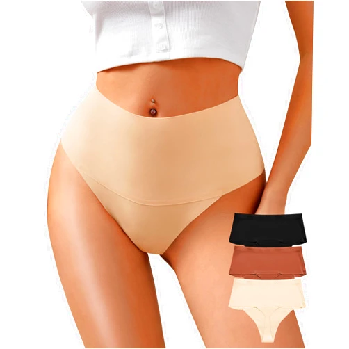 K-CHEONY Womens High Waisted Thongs No Show Panties Lightweight Soft Stretch High Cut Underwear 3 Pack