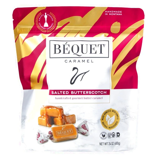 Béquet Caramel - Salted Butterscotch Gourmet Candy - Candy Individually Wrapped - Gourmet Sea Salt Candy - Made in Montana - Kosher (Star D) and Gluten Free - 24oz Resealable Pouch