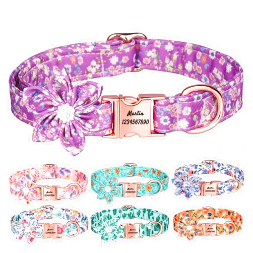 HGS Personalized Girl Dog Collar, Engraved Pet Name and Phone Number, Floral Pattern Engraved Pet Collars ,Custom Pet Dog Collar with Flower for Small Medium Large Dogs