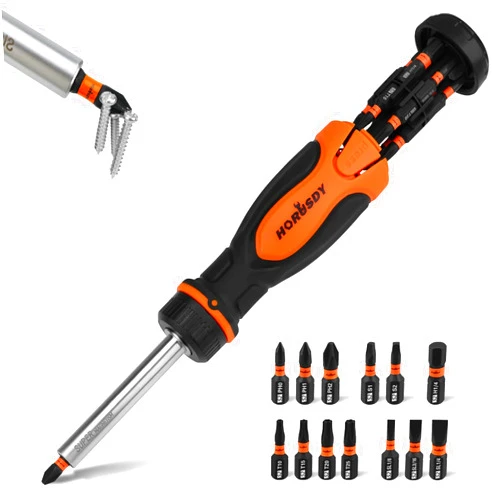 HORUSDY Magnetic Ratcheting Screwdriver Bit Set: 14-in-1 Bit Screw Driver Kit Includes 1/4” Screwdriver Bit Holder, 13 Screwdriver Bits with Phillips, Slotted, Square, Torx, Hex for Garage & Daily Repair