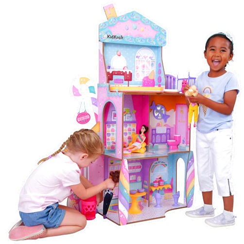 KidKraft 20242 Wooden Doll House Candy Castle Toy Set with Unicorn Llama Figure and Ice Cone Lift for Dolls, Toy for Children from 3 Years