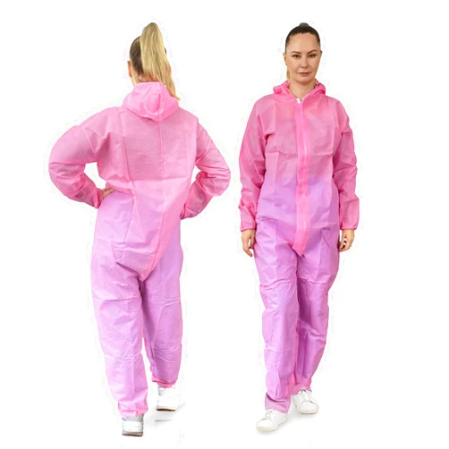 EZGOODZ Pink Hazmat Suits, Small. Pack of 5 Lightweight Unisex SPP Disposable Coveralls with Hood, Front Zip, Elastic Cuffs and Ankles. 45 GSM Breathable Durable Painters Suit Disposable