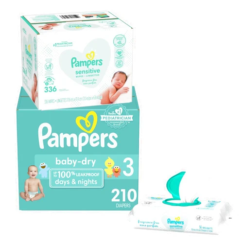 Pampers Diapers Size 3, 210 Count and Baby Wipes - Pampers Baby Dry Disposable Baby Diapers, ONE MONTH SUPPLY with Baby Wipes Sensitive 6X Pop-Top Packs, 336 Count (Packaging May Vary)