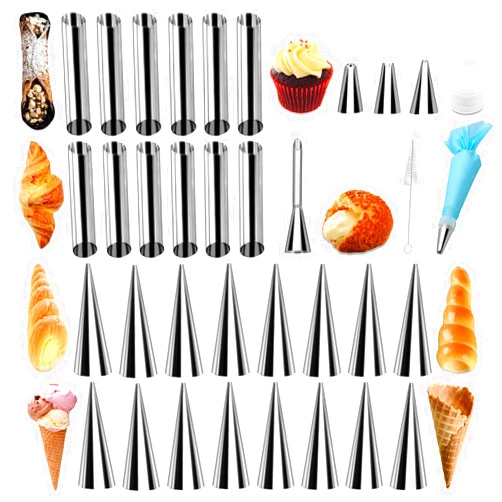 Cakeoo 35pcs Cannoli Forms Tubes Kits, Cream Horn Mold, Non-stick Stainless Steel 16pcs Cone Shaped and 12pcs Tubular Shaped Baking Molds for Danish Pastry Lady Lock Form, Cream Roll, Croissant