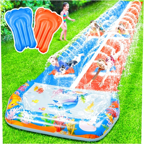 Suonncudst 40FT Slip Double Water Slides with 2 Bodyboards, Extra Long Lawn Water Slides for Kids Adults Heavy Duty, Giant Outdoor Water Slip Toys with Crash Pad for Backyard Summer Party