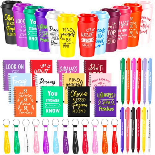 Skylety 12 Sets/48 Pcs Employee Appreciation Gifts 16oz Inspirational Plastic Cups Spiral Notebooks Ballpoint Pens Keychains Bulk Thank You Cup for Employee Coworker Appreciation Gift (Classic Color)