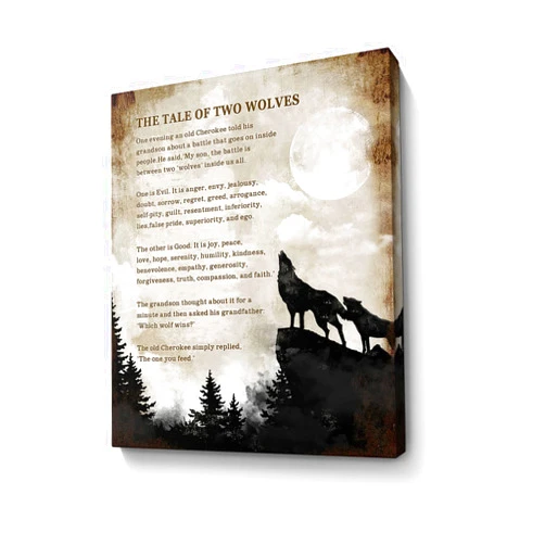 Parylore Motivational Wolf Canvas Wall Art Christian Wolf Gift for Men Picture Wall Decor, The Tale of Two Wolves Painting Framed Modern Artwork for Bedroom Bathroom Office Home Decor 12x16 inch