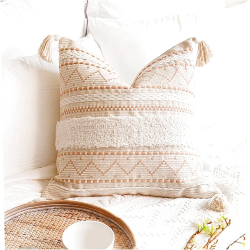 BlissBlush Decorative Throw Pillow Cover 18x18 Square Cream Neutral White Boho Accent Pillowcase Tassels Farmhouse Cushion for Couch Sofa Bedroom Living Room Home Décor (Cover ONLY, Pack of 1)