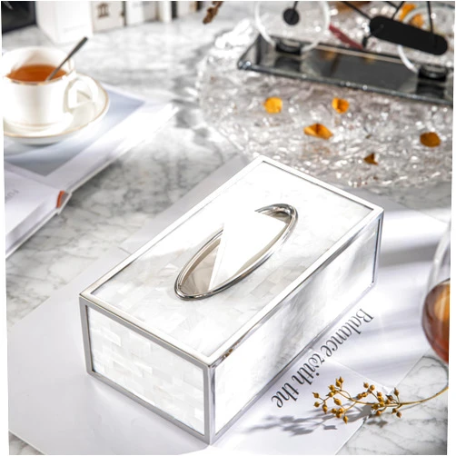 Woless Natural White Shell Tissue Box Cover Rectangular, Decorative Tissue Holder for Bathroom Bedroom Living Room Kitchen, Waterproof