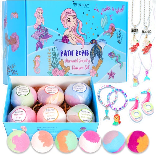 FUN-KAY Bath Bombs for Kids, Kids Bath Bombs, Bath Bombs for Kids with Toys Inside, Bath Bombs for Girls, Mermaid Bath Bombs, Bath Bombs with Jewelry Inside, Mermaid Necklace for Girls, Fizzy Bath Bomb Set