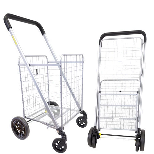 dbest products Cruiser Cart Deluxe 2 Shopping Grocery Rolling Folding Laundry Basket on Wheels Foldable Utility Trolley Compact Lightweight Collapsible, Silver